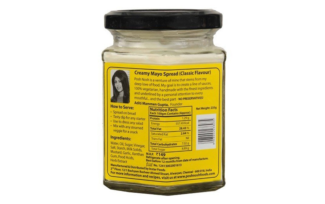 Posh Nosh Creamy Mayo Spread Classic   Glass Jar  235 grams